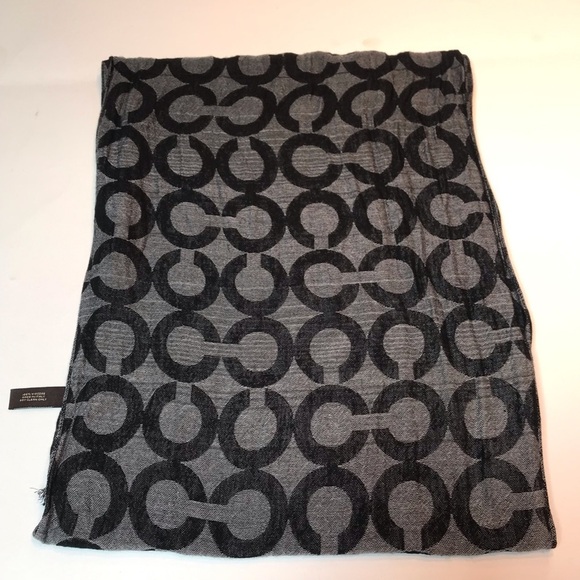 Coach Op Art Signature Ombré Stripe Oblong Scarf Black Gray Fringed 100% Viscose - Picture 7 of 9